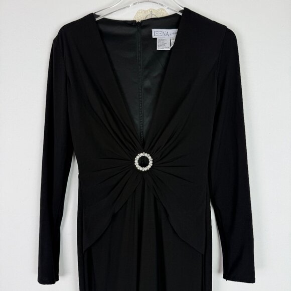 NWT Ieena by Mac Duggal #26514 Plunging Long Sleeve Pearl Keyhole Gown Black 0 - Picture 3 of 16